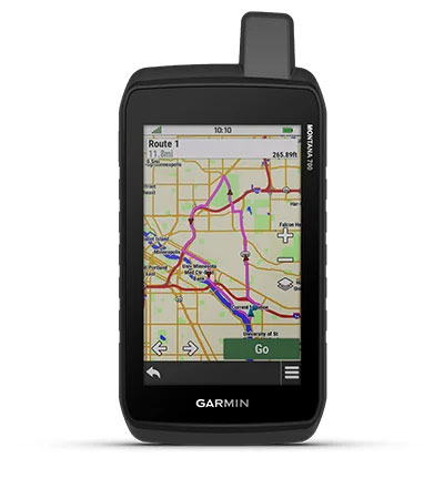 Render of a Montana 700 GPS Unit with a Routing option displaying on screen.
