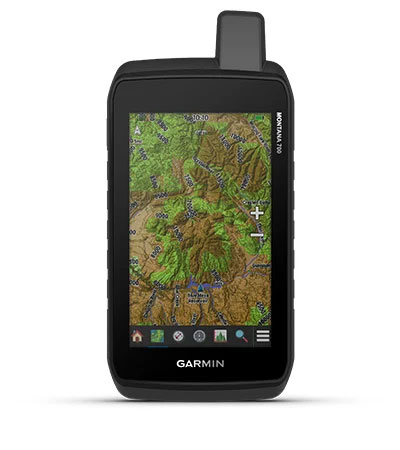 Render of a Montana 700 GPS Unit with Topographical Mapping displaying on screen.