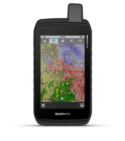 Render of a Montana 700 GPS Unit with Weather Information displaying on screen.